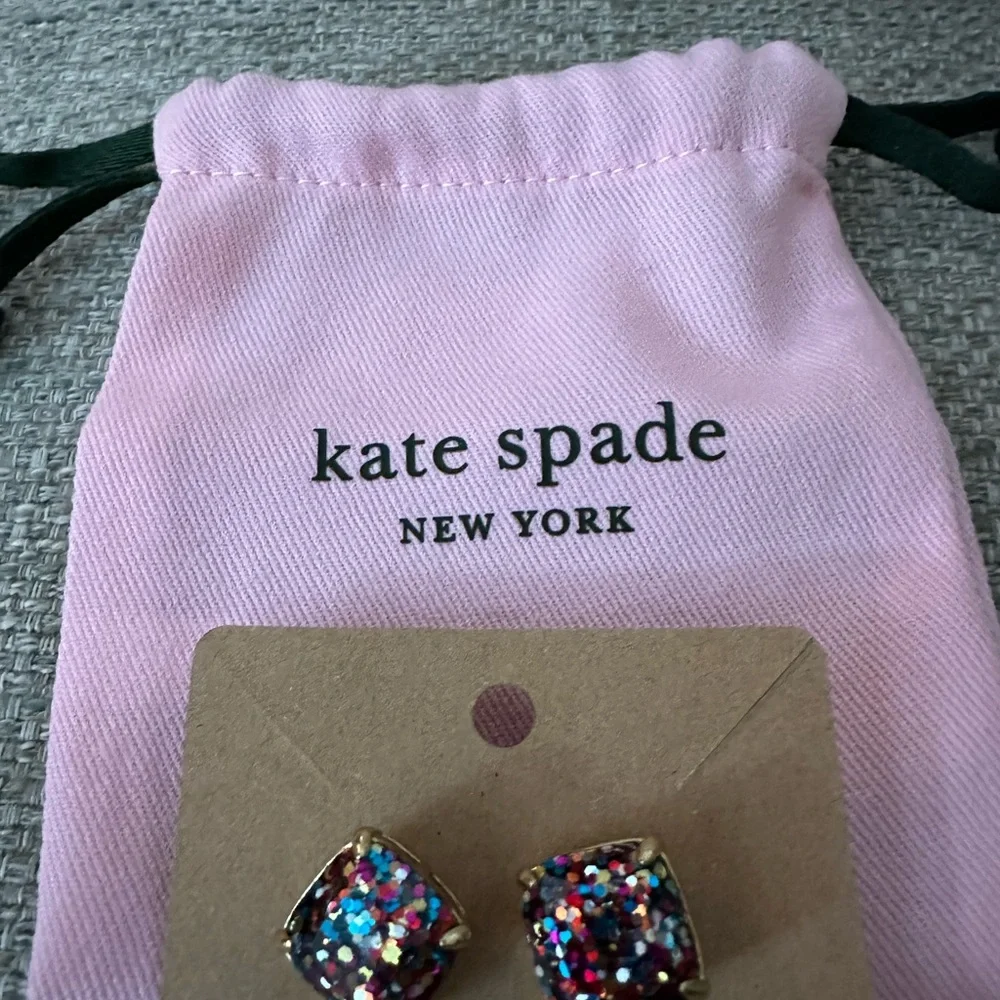 Kate Spade Multicolor Square Glitter Stud Earrings | Gold Setting - Dust Bag